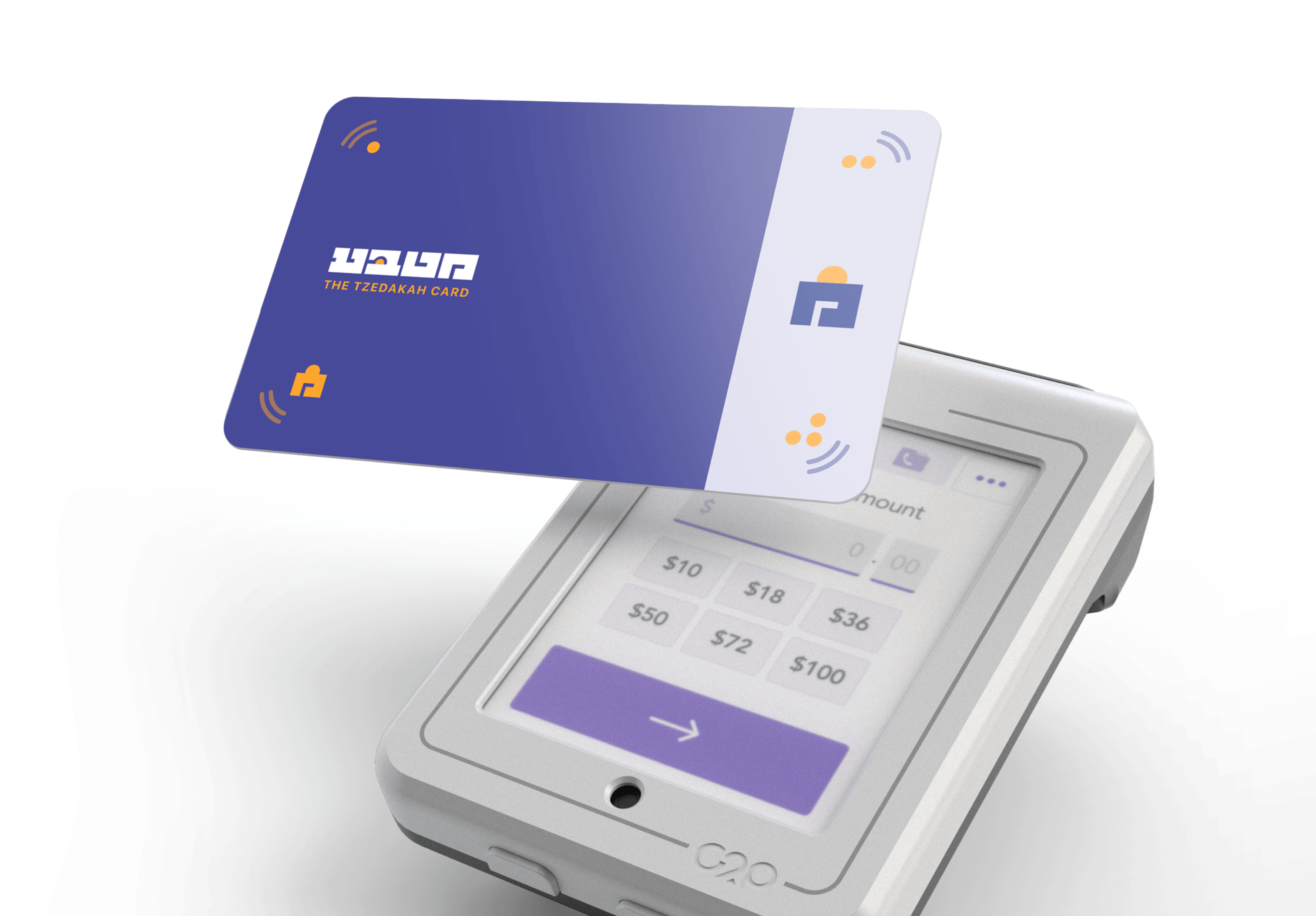 A Matbia donation card being tapped against a contactless card reader